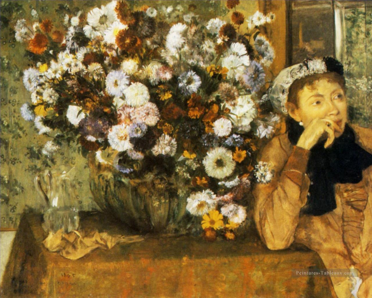 une femme assise à côté d’un vase de fleurs 1865 Edgar Degas Peintures à l'huile